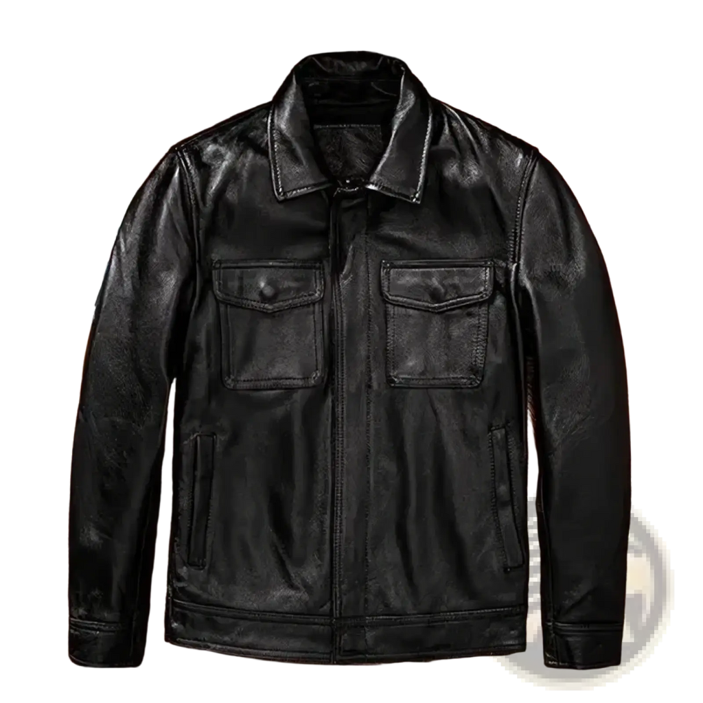 Mens leather motorcycle jacket in black with two chest pockets and a front zipper closure