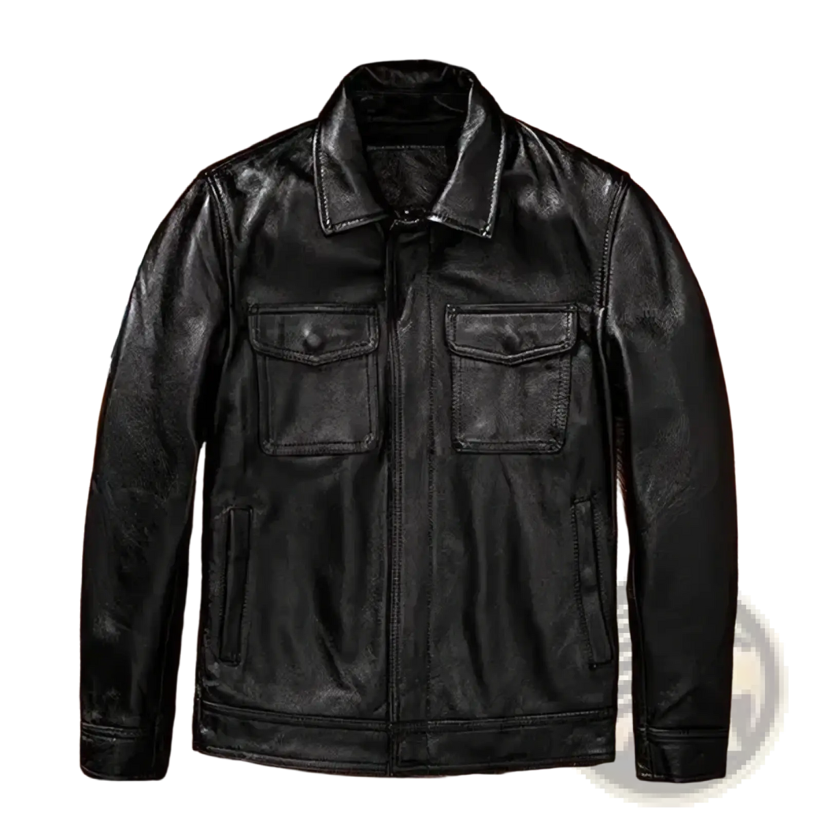 Mens leather motorcycle jacket in black with two chest pockets and a front zipper closure