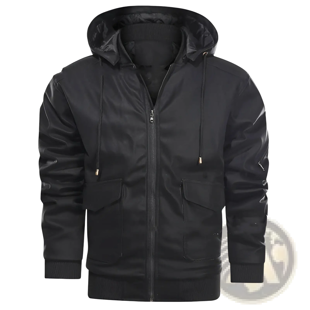 Men’s black leather motorcycle jacket with removable hood featuring a shiny nylon bomber jacket overlay and gold-tone zippers
