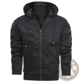 Men’s black leather motorcycle jacket with removable hood featuring a shiny nylon bomber jacket overlay and gold-tone zippers