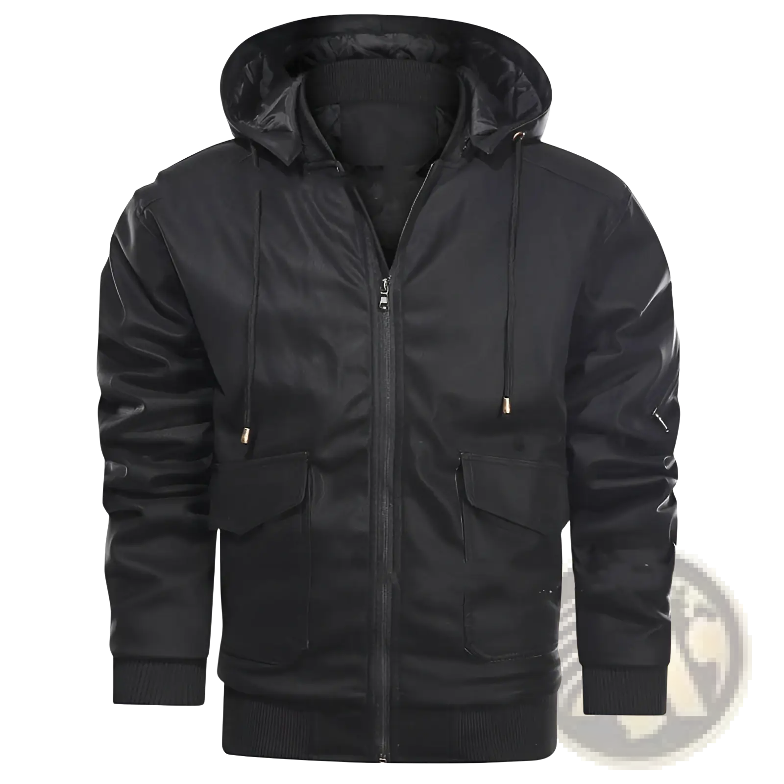 Men’s black leather motorcycle jacket with removable hood featuring a shiny nylon bomber jacket overlay and gold-tone zippers