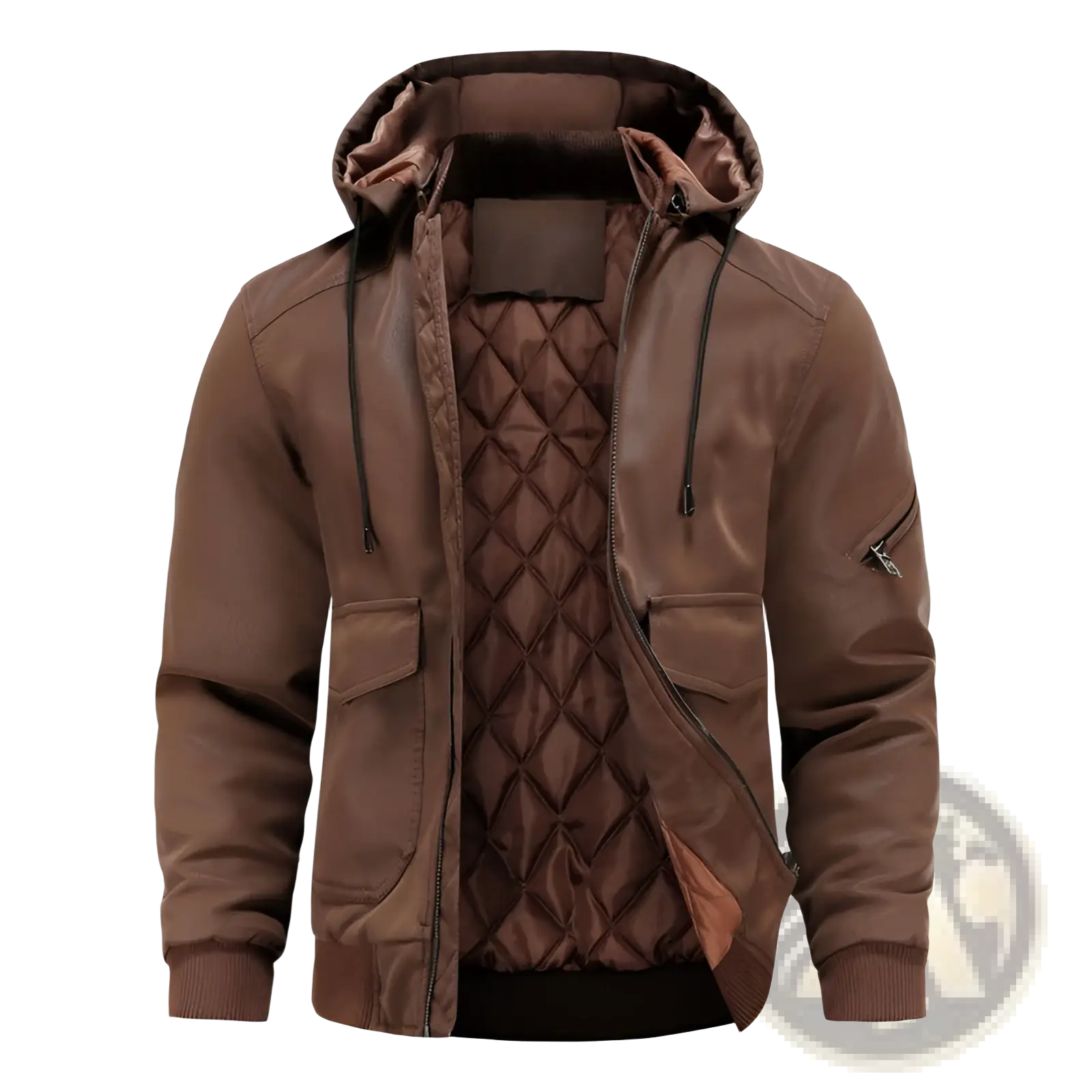 Men’s brown leather motorcycle jacket with removable hood quilted interior and zippered pockets visible from front side
