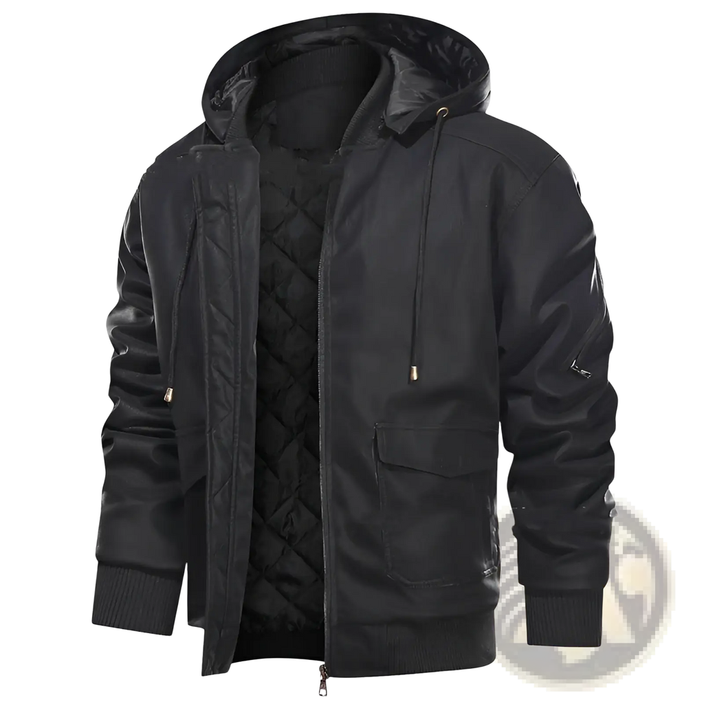 Men’s black quilted leather motorcycle jacket with removable shiny hood and ribbed cuffs shown from the back side