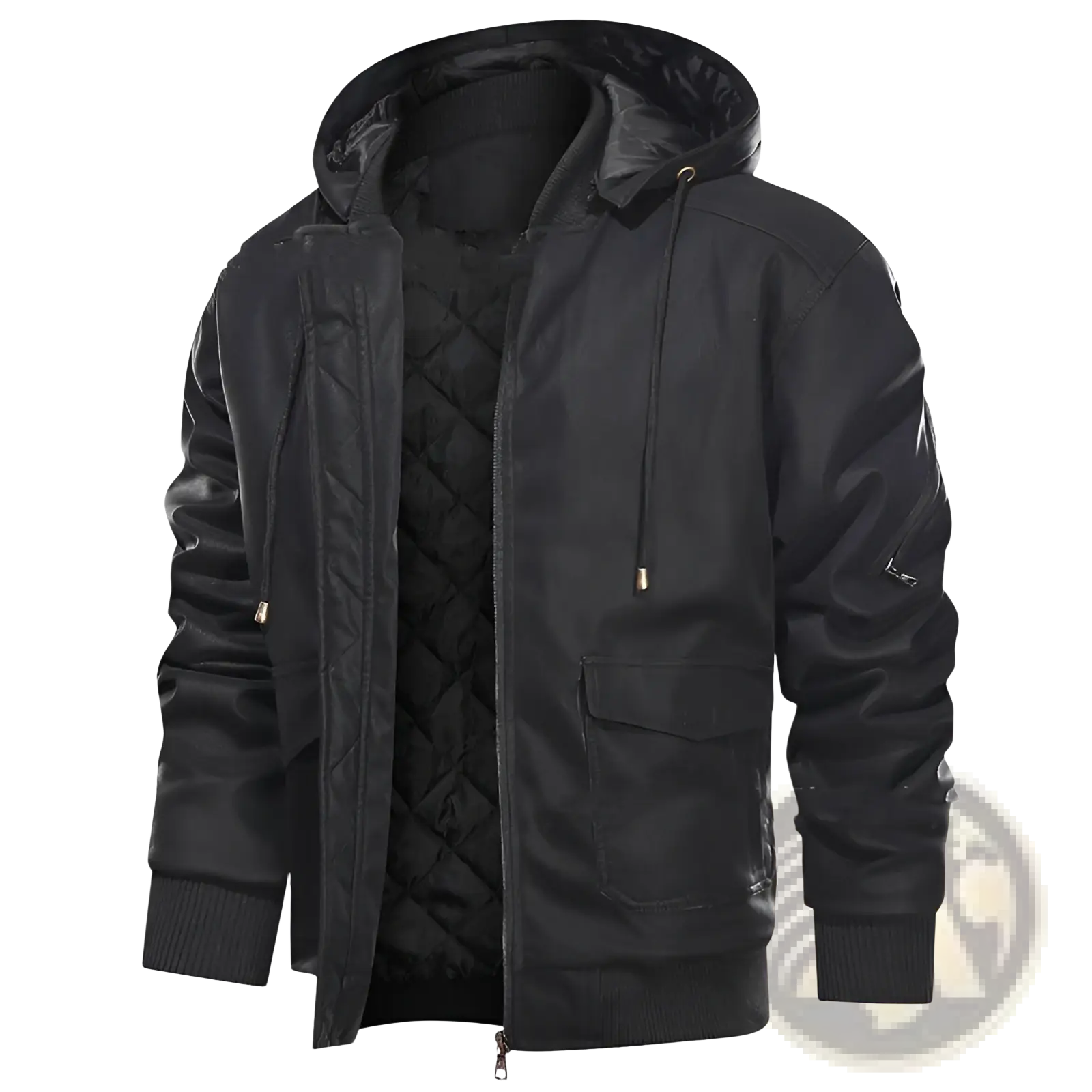 Men’s black quilted leather motorcycle jacket with removable shiny hood and ribbed cuffs shown from the back side