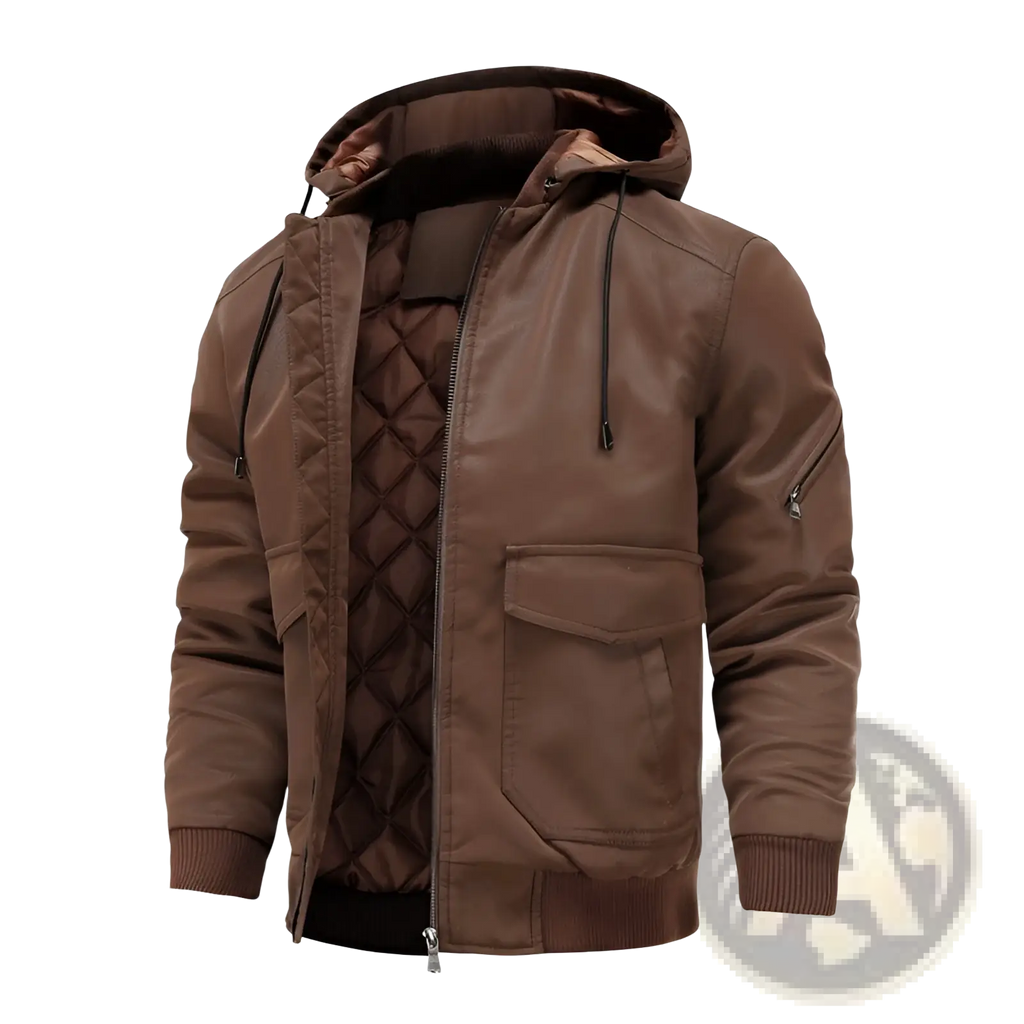 Men’s brown faux leather motorcycle jacket with removable hood quilted interior and ribbed cuffs