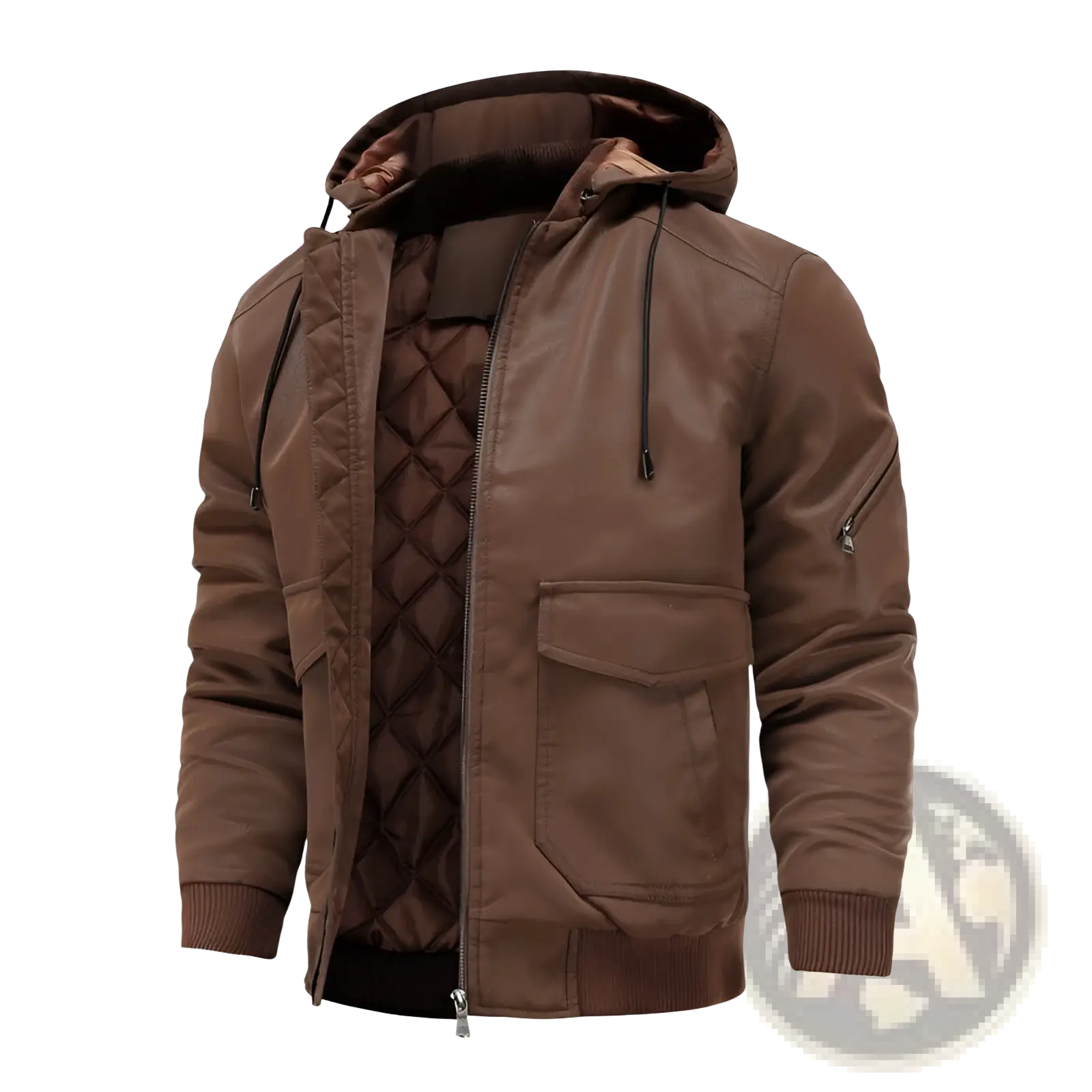 Men’s brown faux leather motorcycle jacket with removable hood quilted interior and ribbed cuffs