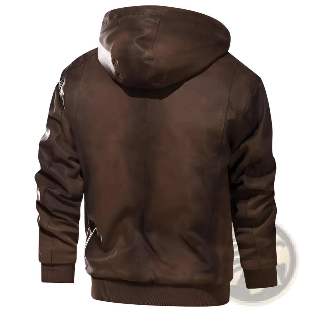 Men’s brown leather motorcycle jacket with removable hood, matte finish, and ribbed cuffs for added comfort