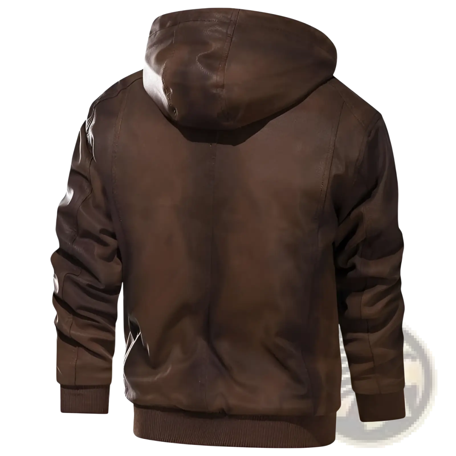 Men’s brown leather motorcycle jacket with removable hood, matte finish, and ribbed cuffs for added comfort