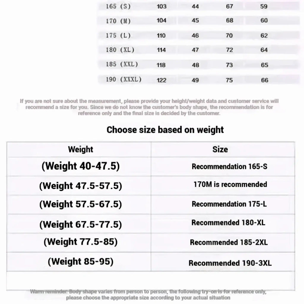 Size chart for mens leather motorcycle jacket showing weight-based size recommendations from s to xxxl