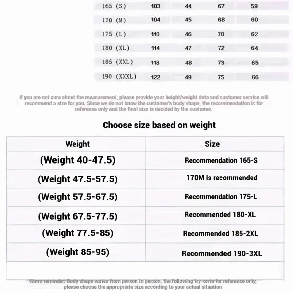 Size chart for mens leather motorcycle jacket showing weight-based size recommendations from s to xxxl