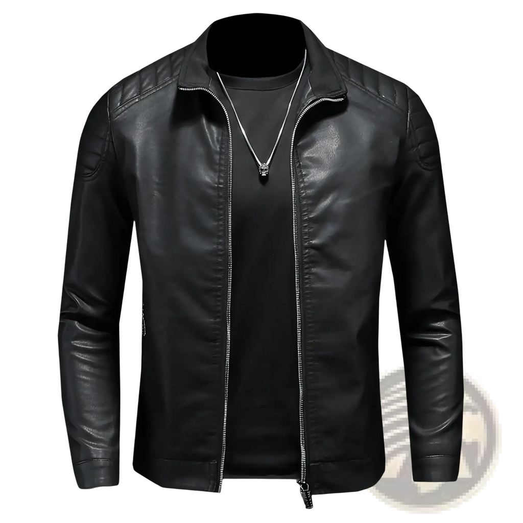 Men’s slim fit black leather motorcycle jacket with quilted shoulder panels and silver zipper accents