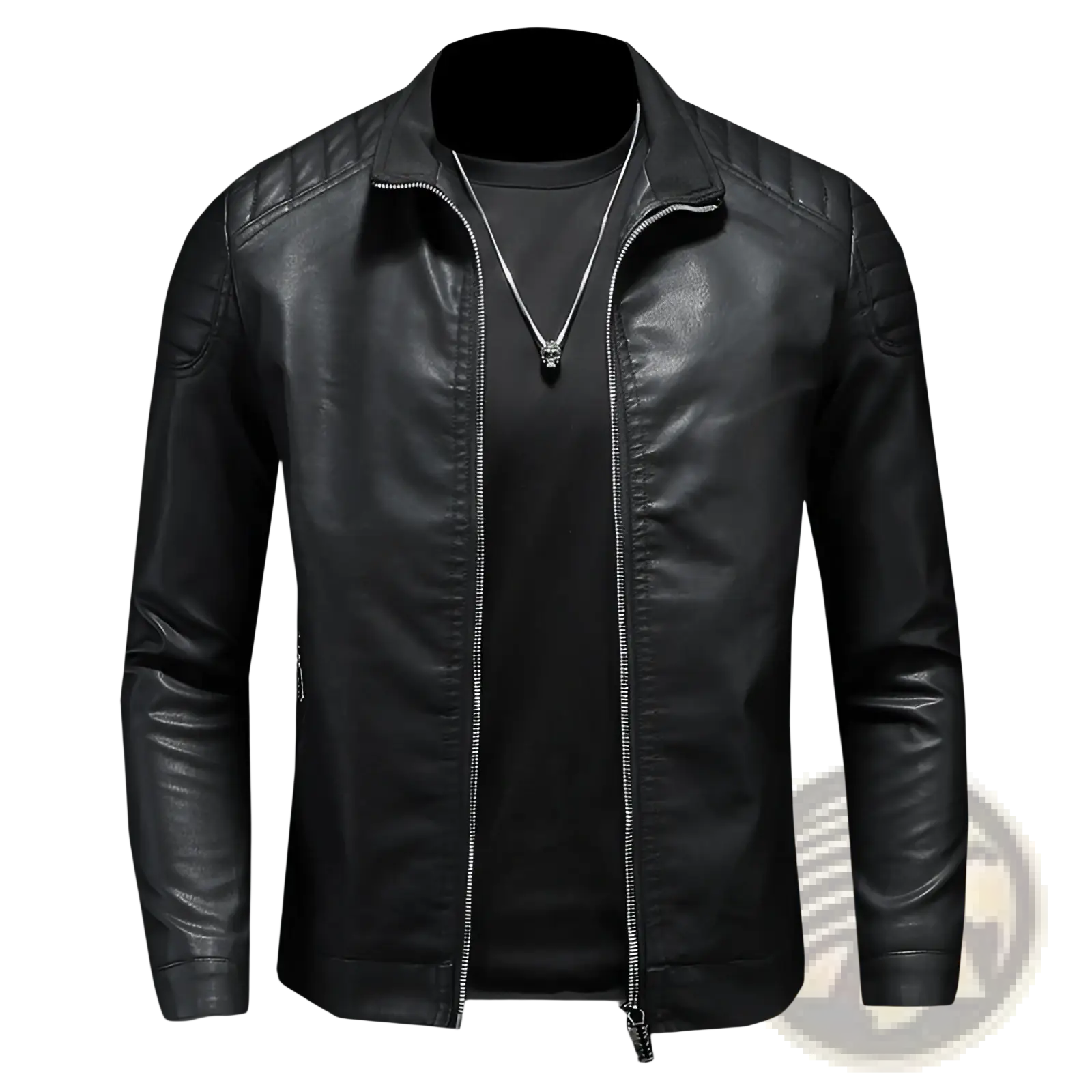Men’s slim fit black leather motorcycle jacket with quilted shoulder panels and silver zipper accents