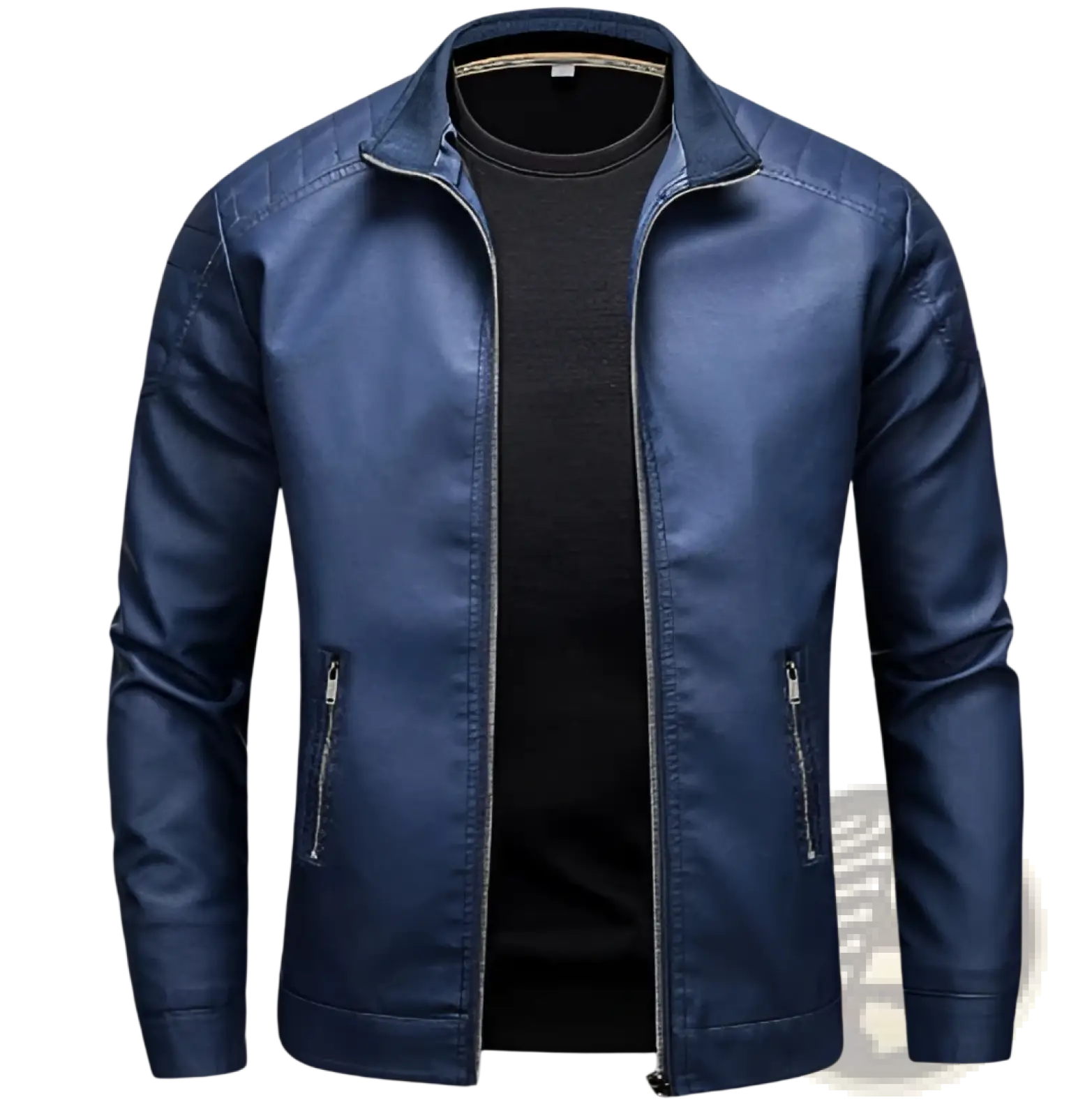 Men’s slim fit blue faux leather motorcycle jacket with stand-up collar and two front zipper pockets