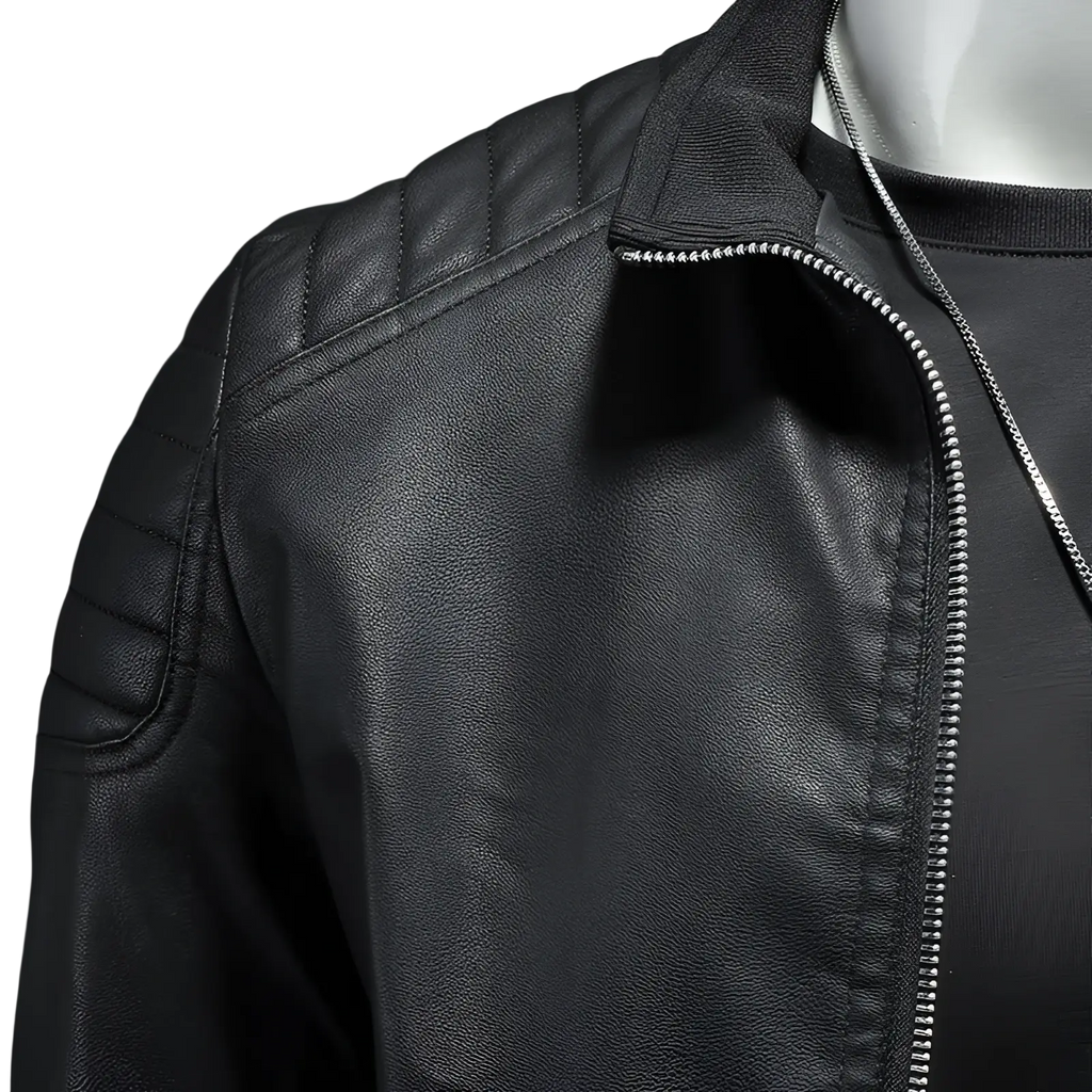 Men’s slim fit black faux leather motorcycle jacket with quilted shoulder panels and silver zipper detailing