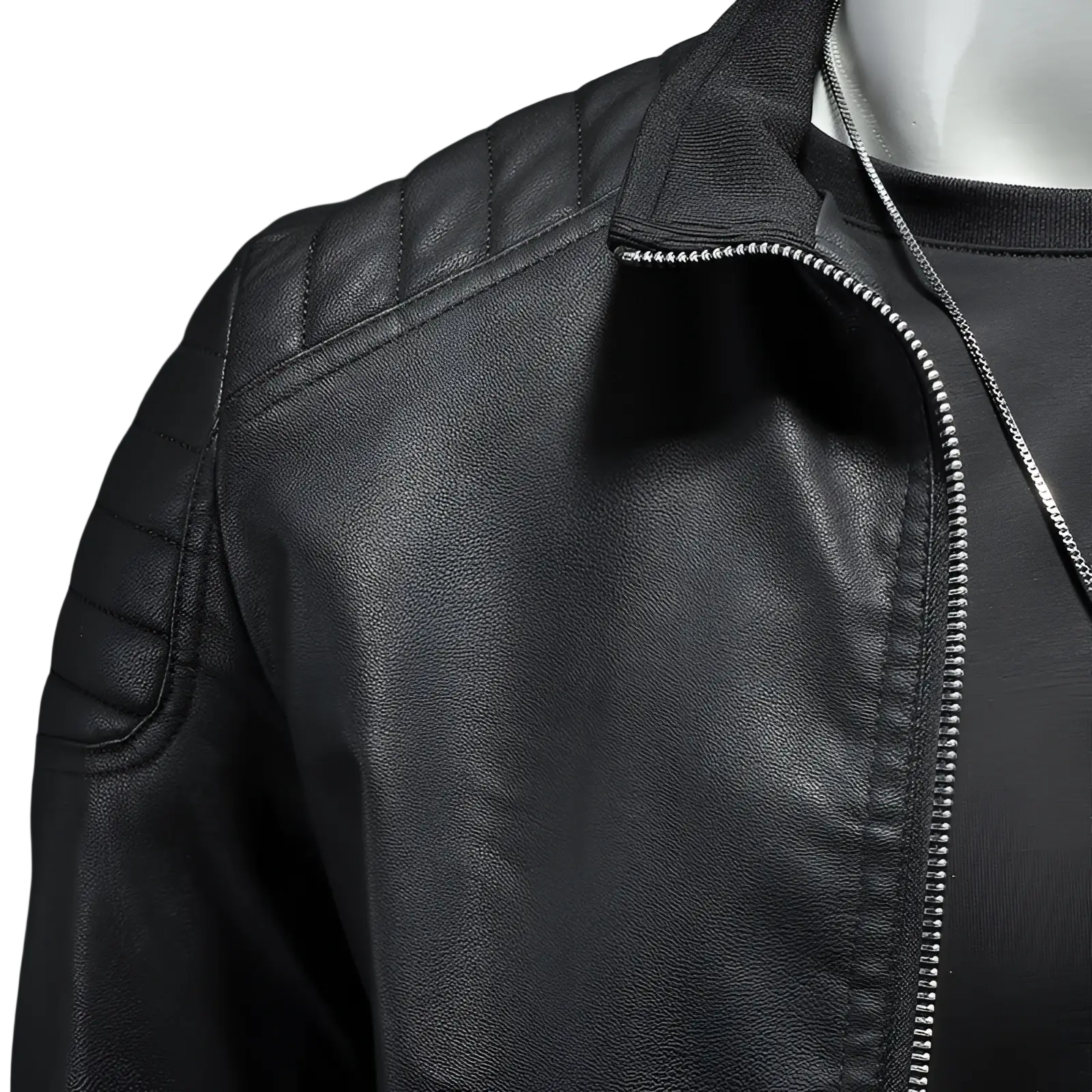 Men’s slim fit black faux leather motorcycle jacket with quilted shoulder panels and silver zipper detailing