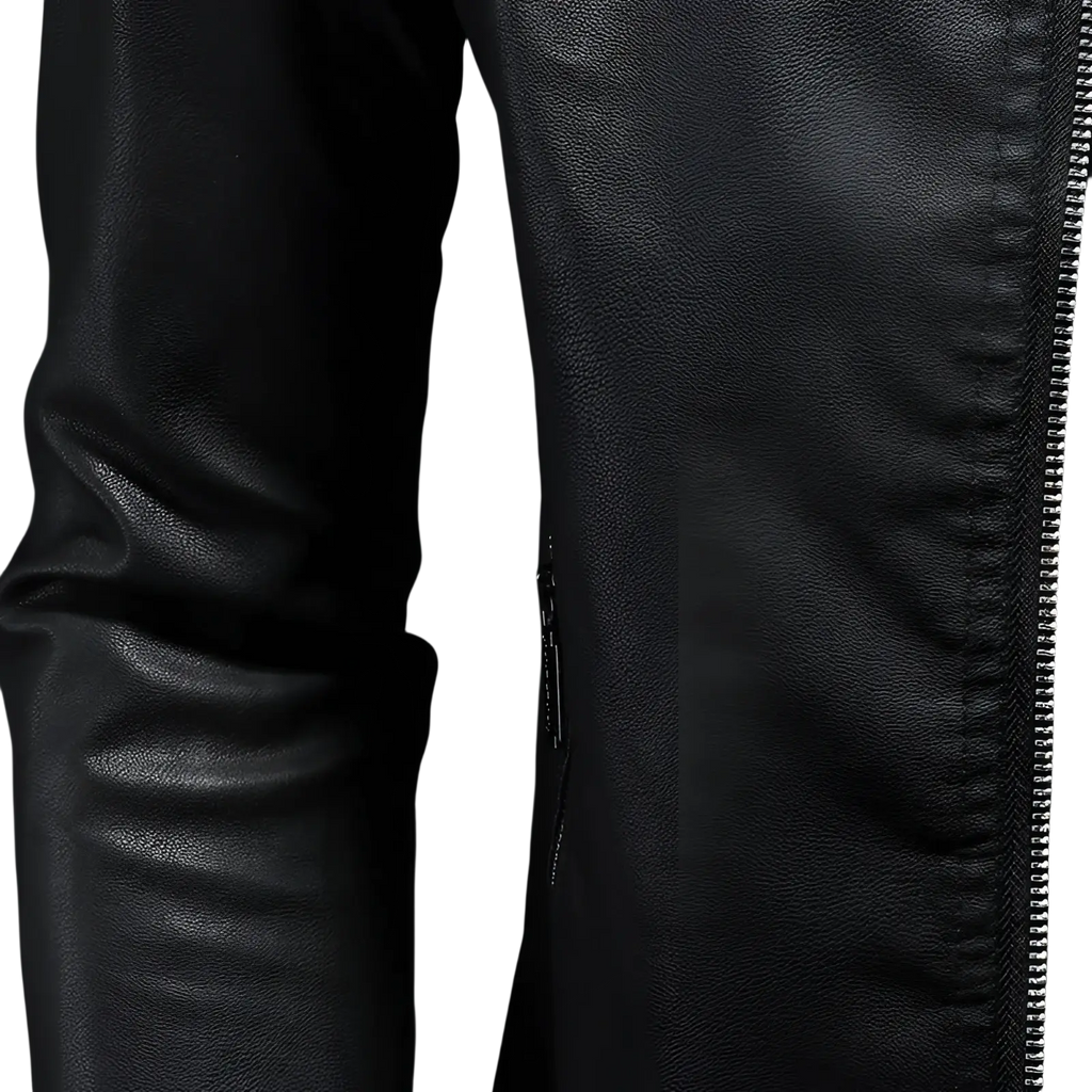 Men’s black leather motorcycle jacket with sleek textured surface and silver zipper detailing slim fit biker coat