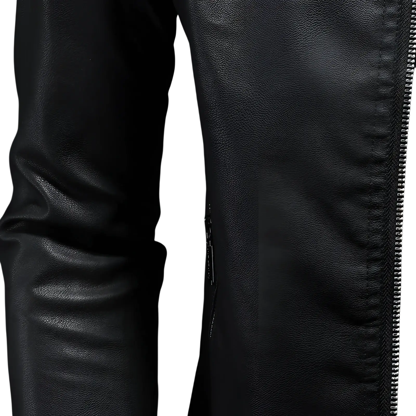 Men’s black leather motorcycle jacket with sleek textured surface and silver zipper detailing slim fit biker coat