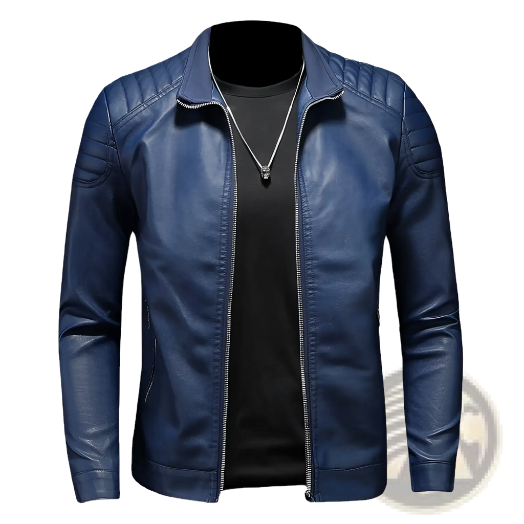 Deep blue faux leather men’s slim fit motorcycle jacket with quilted shoulder panels and silver zipper accents