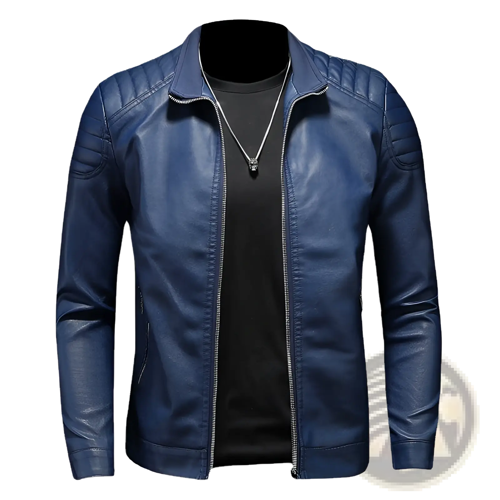 Deep blue faux leather men’s slim fit motorcycle jacket with quilted shoulder panels and silver zipper accents