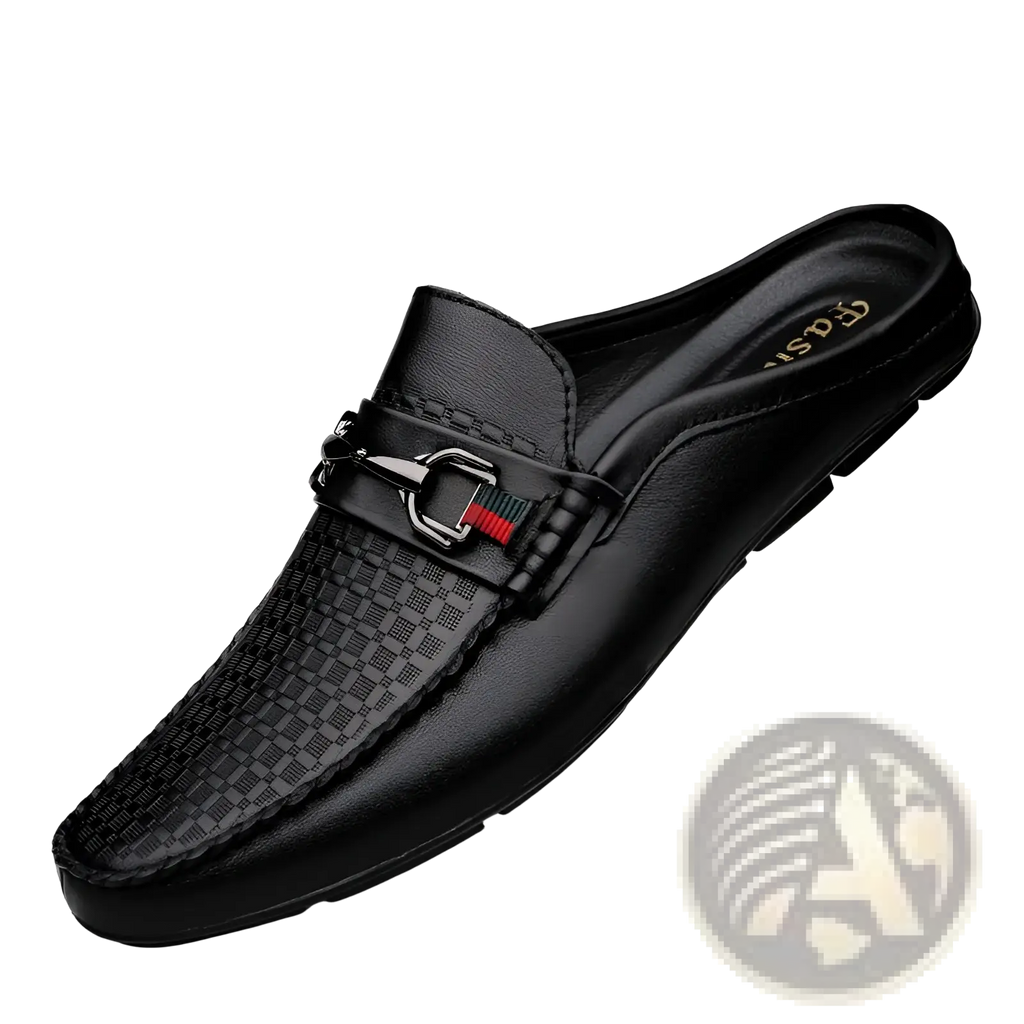 Men’s black leather mule loafers with textured woven pattern and silver horsebit buckle accented by red and green stripes