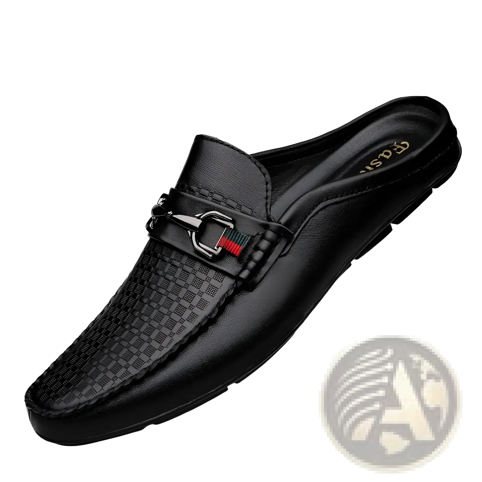 Men’s black leather mule loafers with textured woven pattern and silver horsebit buckle accented by red and green stripes