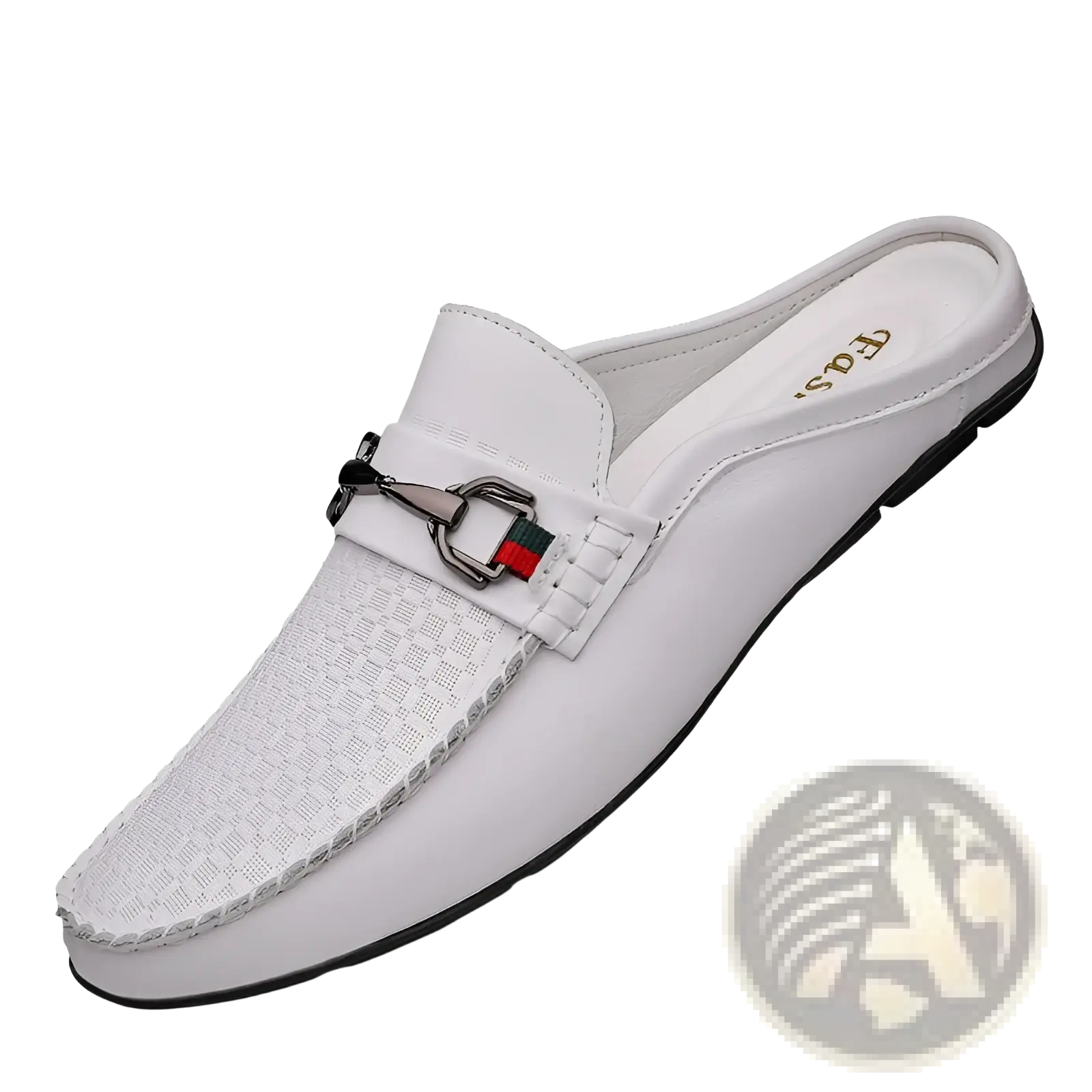 Men’s white leather mule loafers with woven texture and metallic horsebit buckle accented by red and green stripes