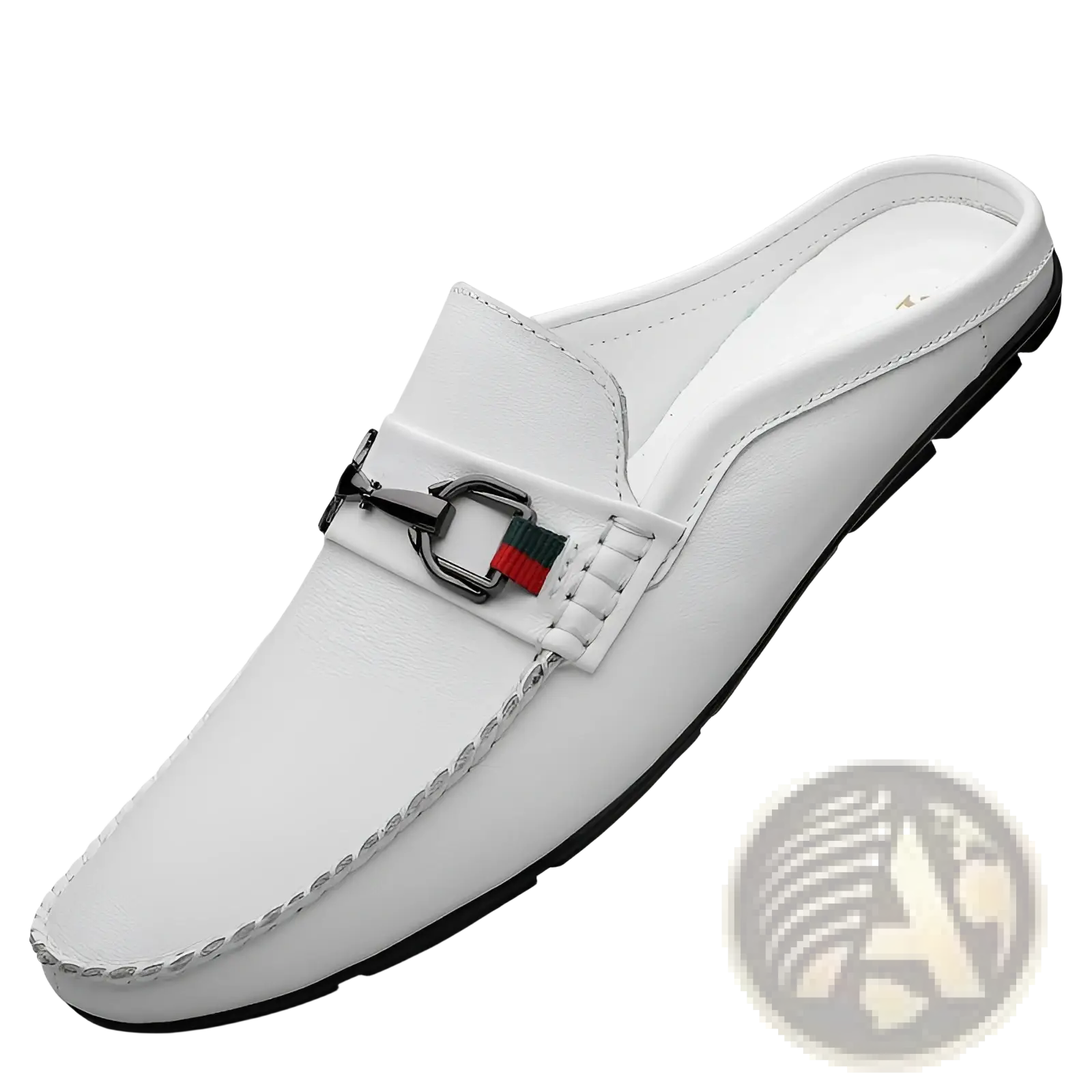 Men’s white leather slip-on mule loafers with woven black metal buckle and red-green striped accent
