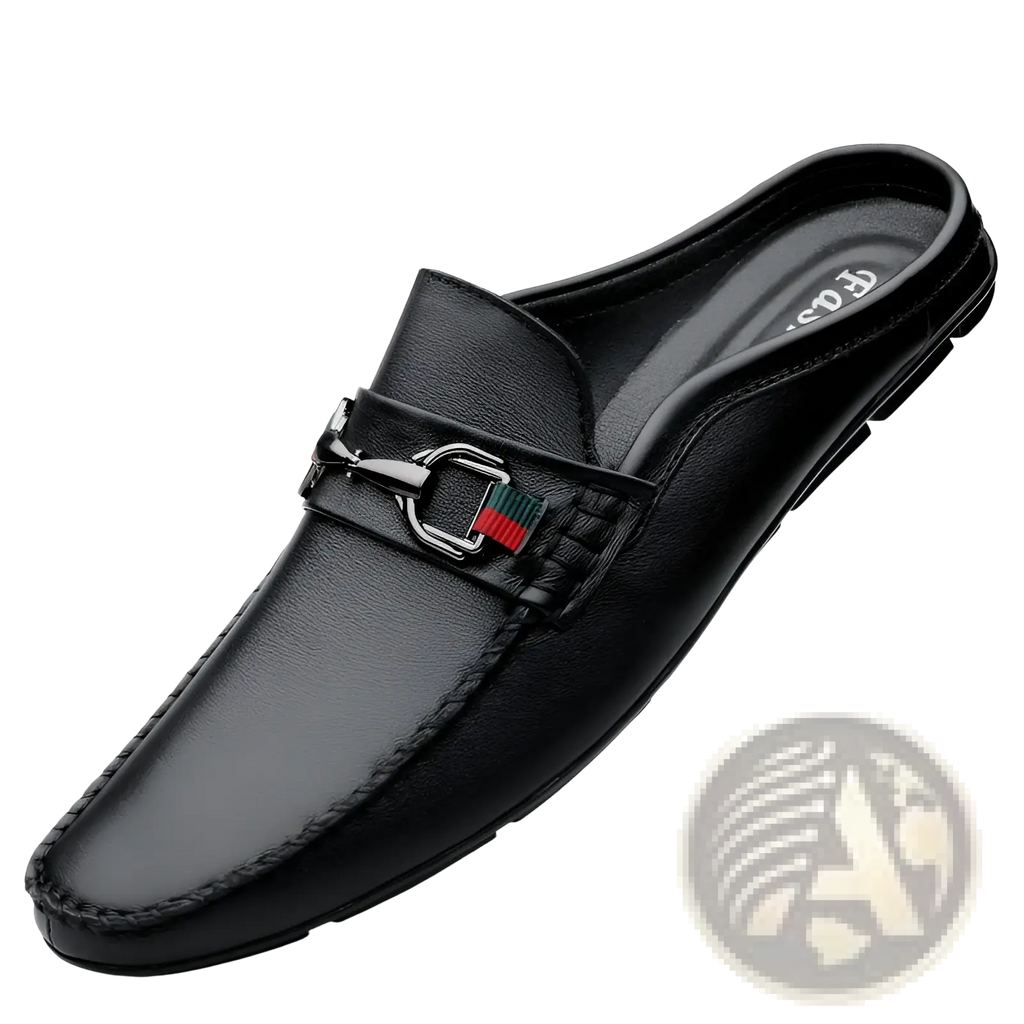 Men’s black leather mule loafers with silver horsebit buckle and red and green striped woven accent