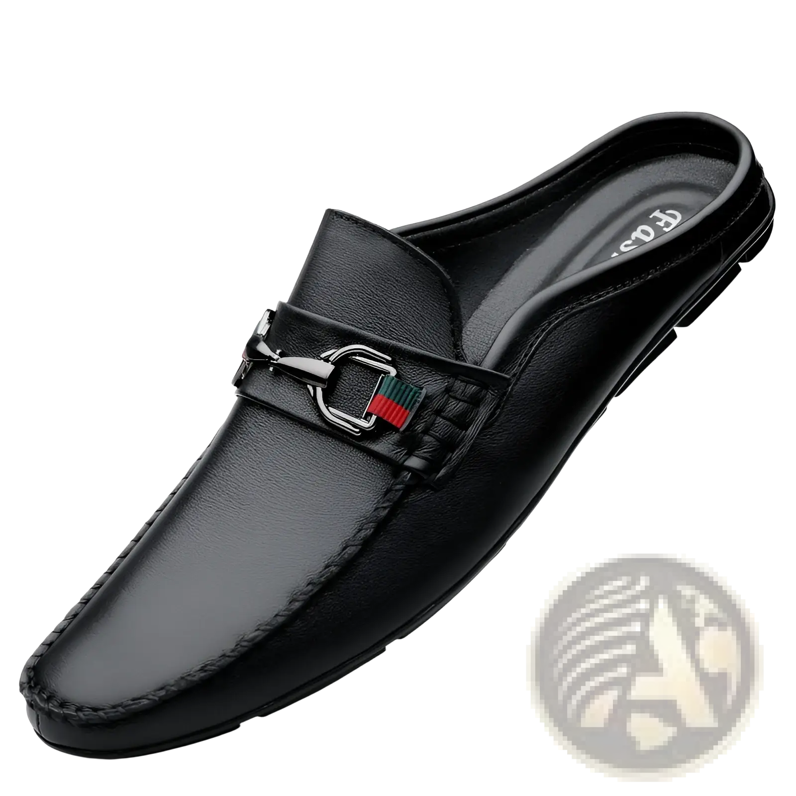 Men’s black leather slip-on mule loafers with silver horsebit buckle and red and green woven stripe accent