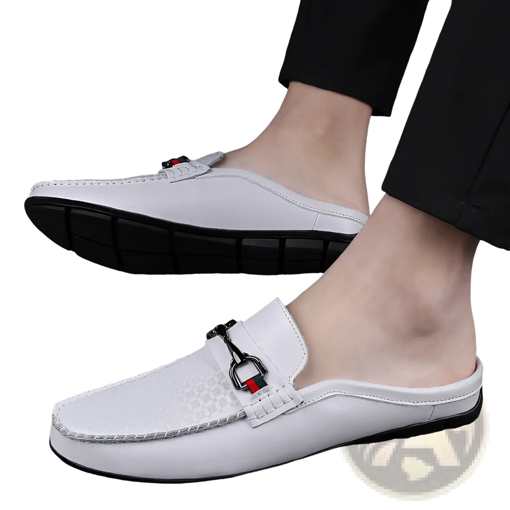 Men’s white leather mule loafers with woven toe texture and black metal buckle with red and green accents