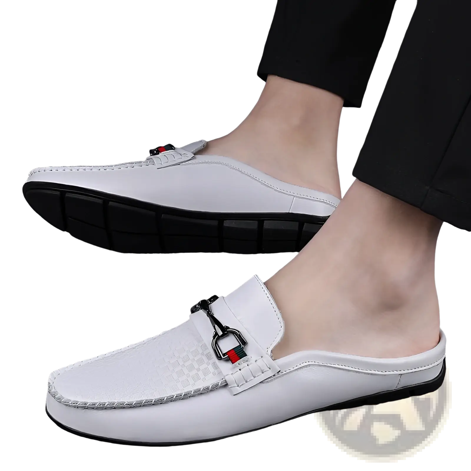 Men’s white leather mule loafers with woven toe texture and black metal buckle with red and green accents