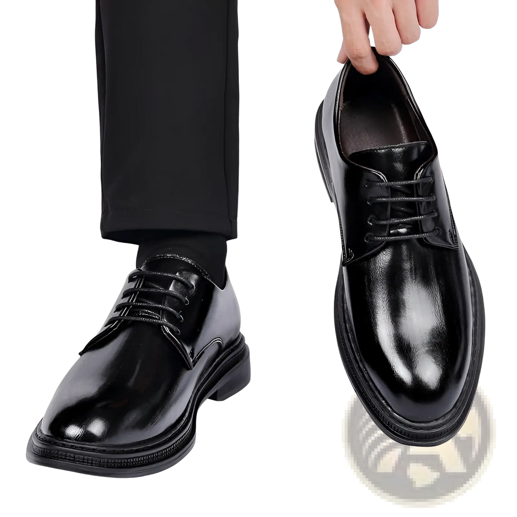 Men’s black patent leather oxford dress shoes with lace-up design and polished finish for weddings