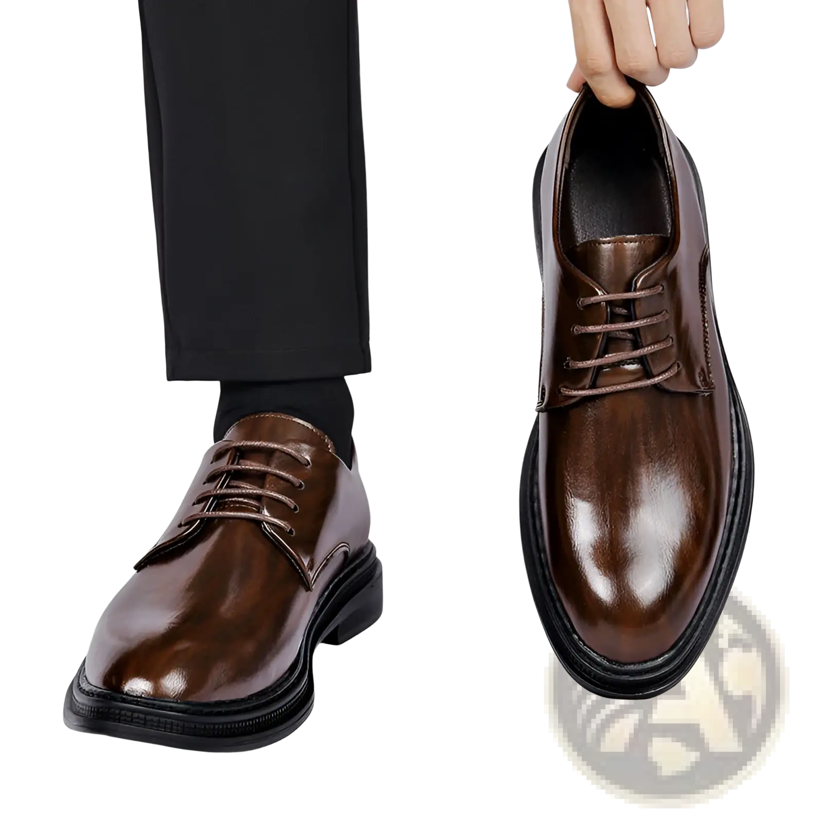 Men’s brown leather Oxford dress shoes with polished finish and black rubber soles for weddings