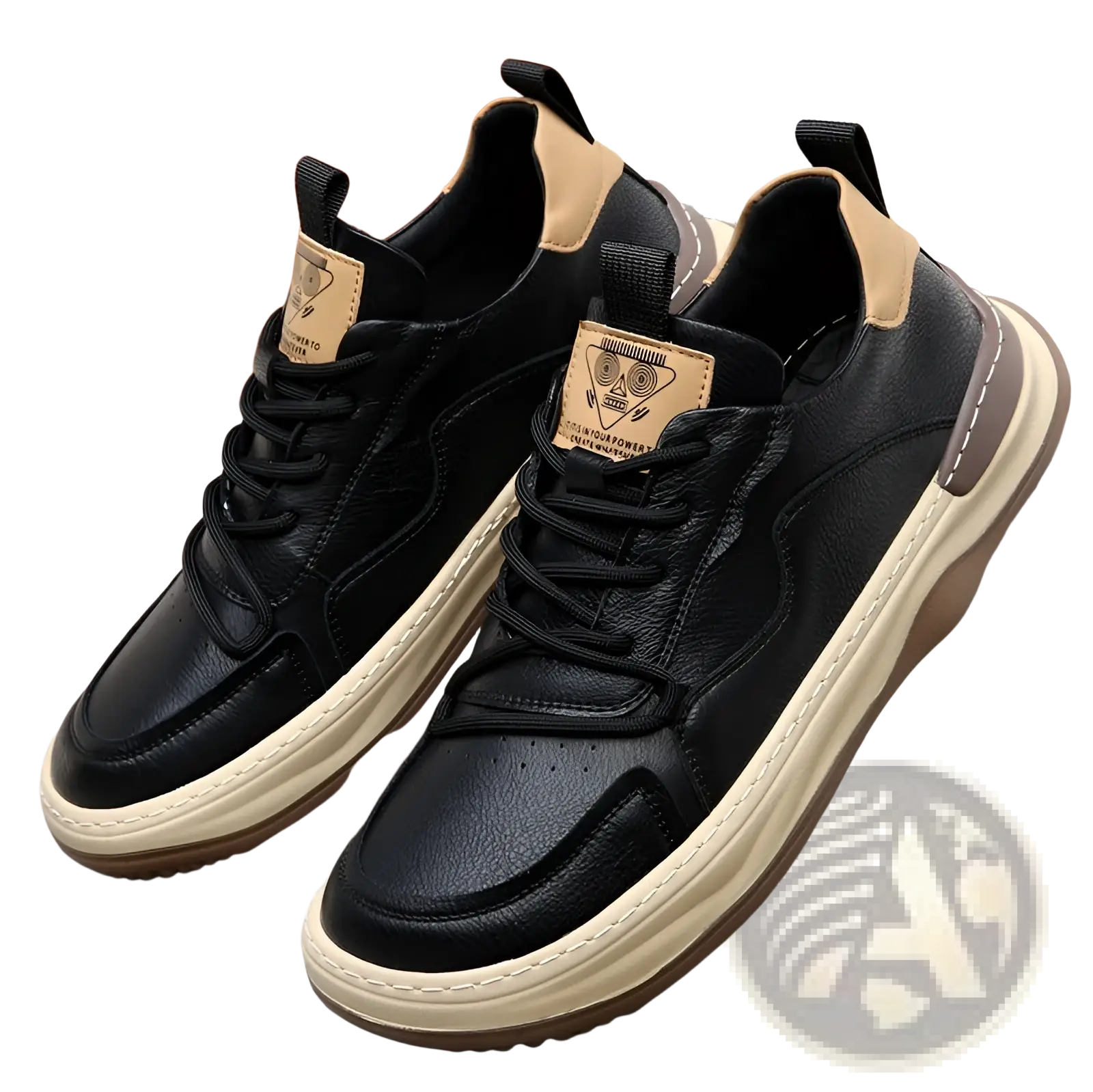 Men’s leather perforated breathable sneakers in black with beige rubber soles and minimalist stitched detailing