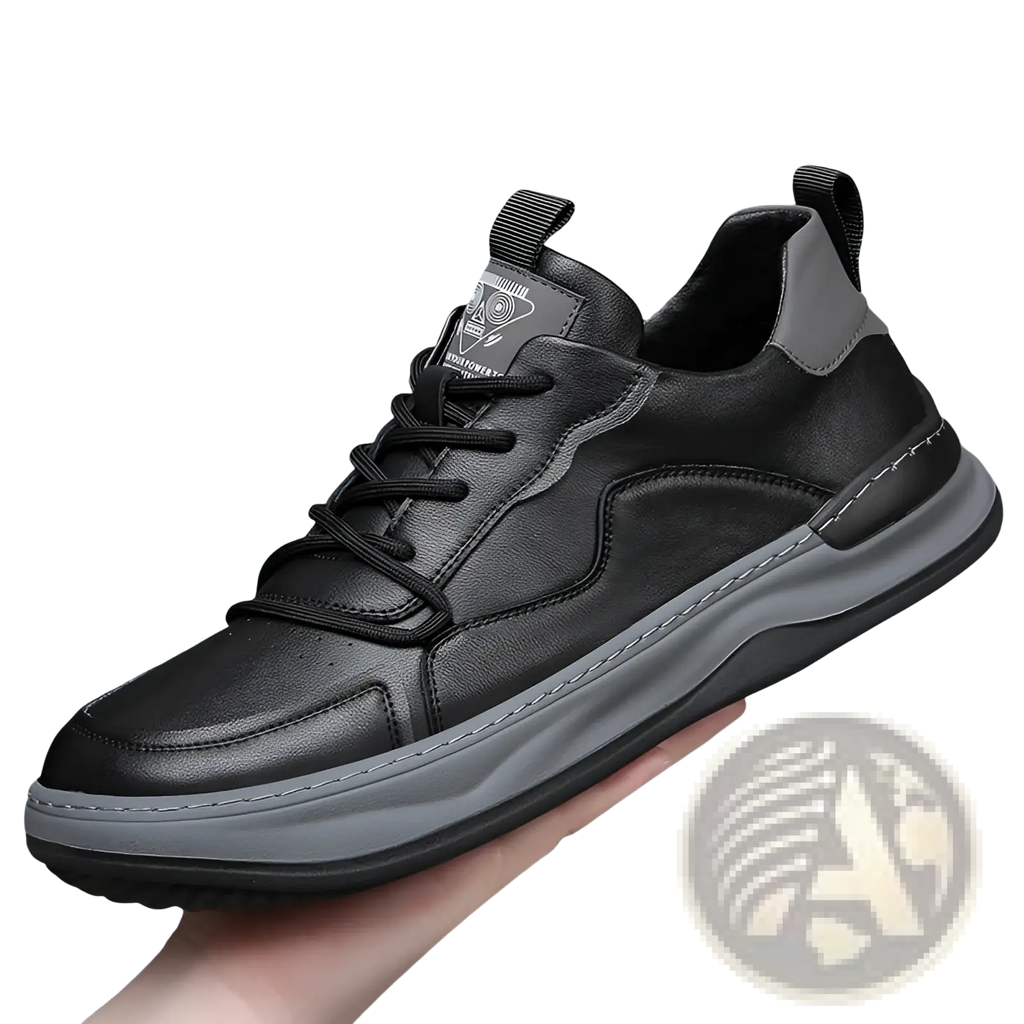 Men’s leather perforated breathable sneaker in black with gray accents and textured sole for comfortable wear