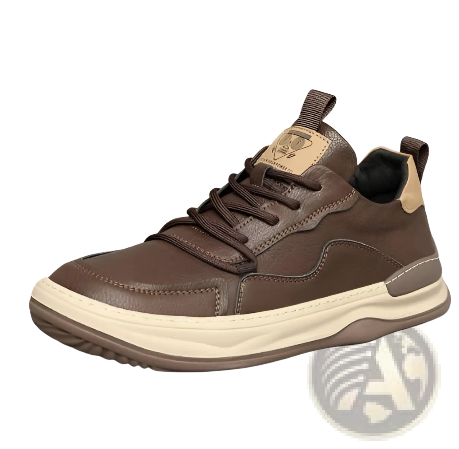 Men’s leather perforated breathable sneaker in brown leather with beige accents and a white rubber sole