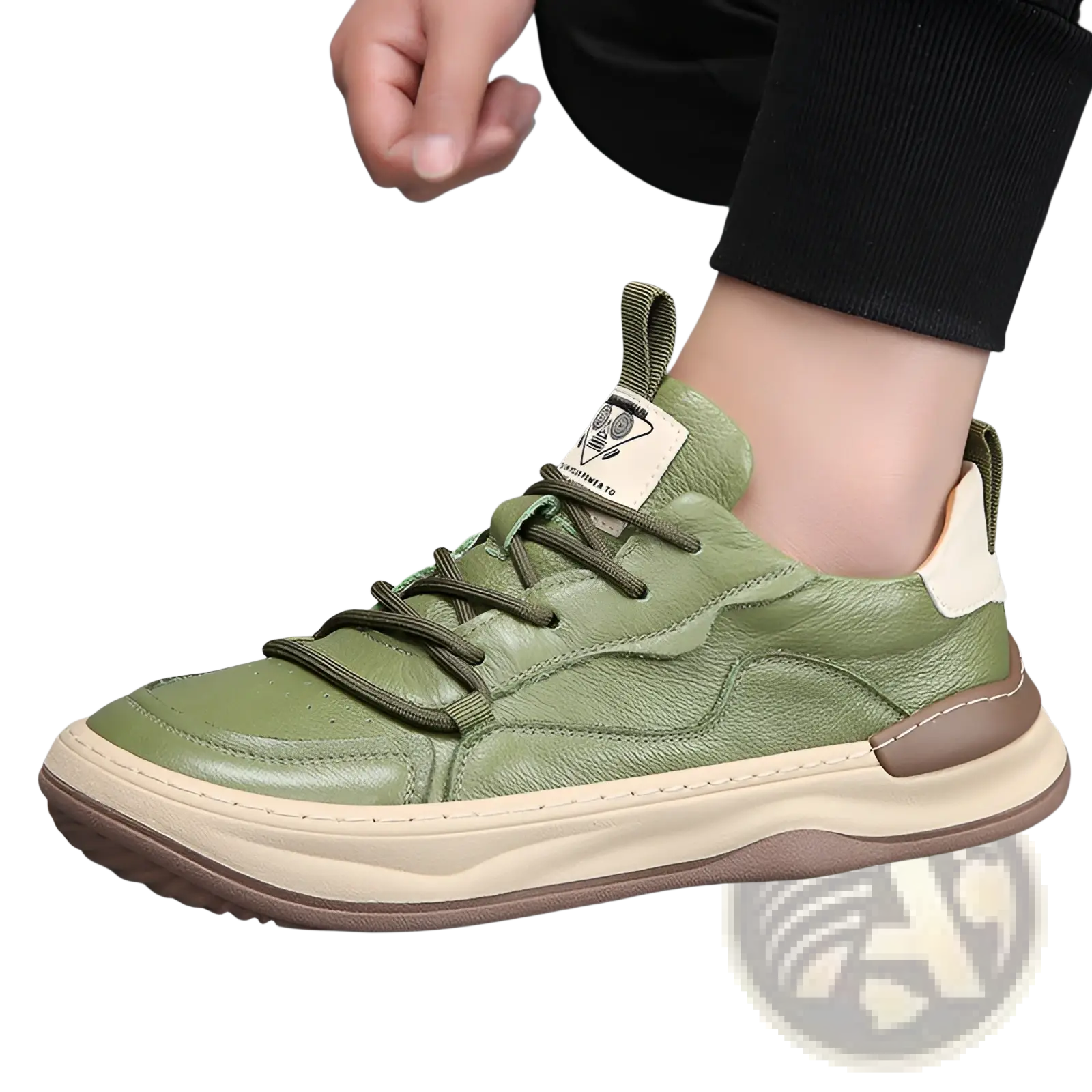 Men’s olive green leather perforated breathable sneakers with beige and brown accents for casual wear