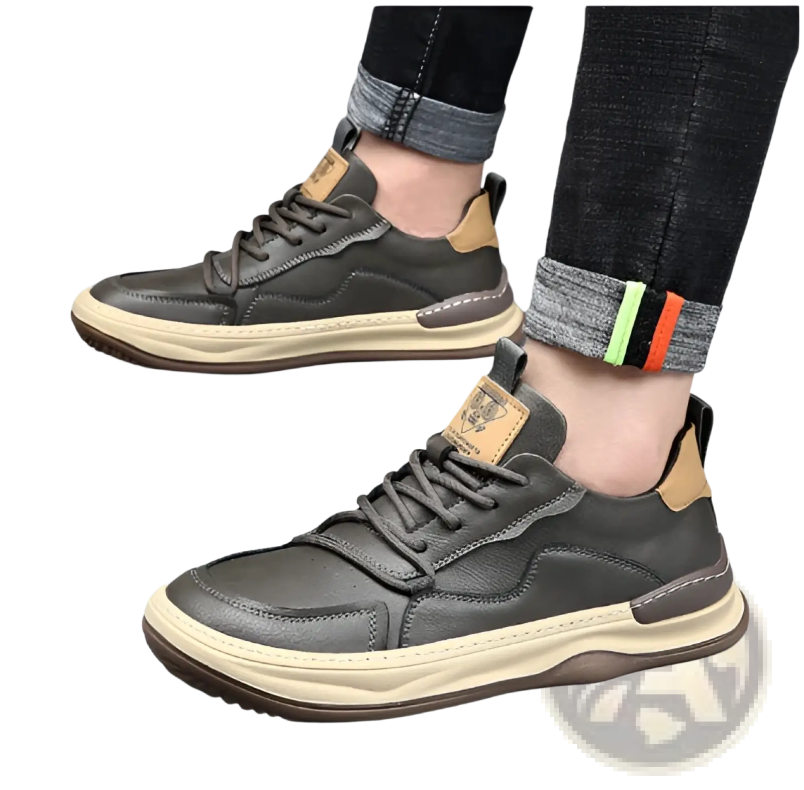 Men’s leather perforated breathable sneakers in dark gray leather with tan accents and a beige rubber sole