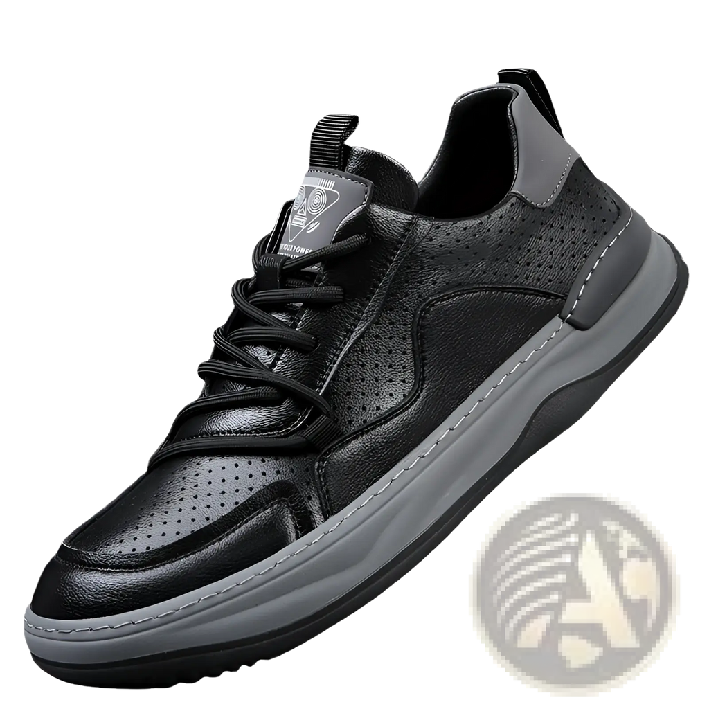 Black leather men’s sneaker with perforated detailing and gray rubber sole for breathable comfort