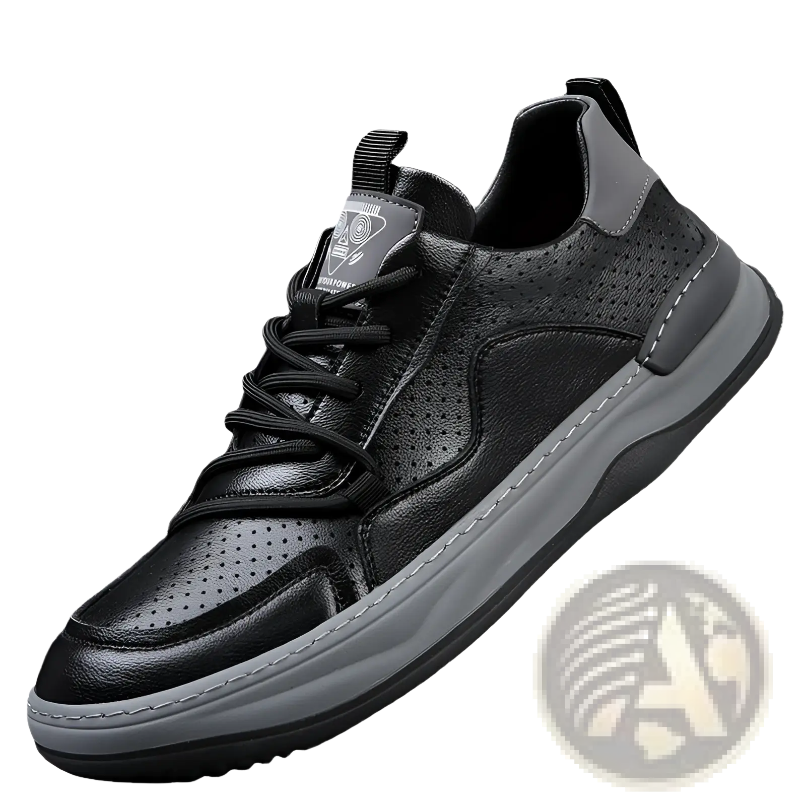 Black leather men’s sneaker with perforated detailing and gray rubber sole for breathable comfort