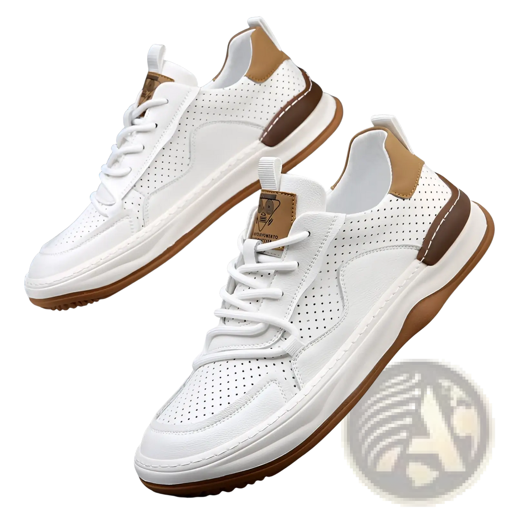 Men’s leather perforated breathable sneakers in white with brown accents and a tan logo patch on the tongue