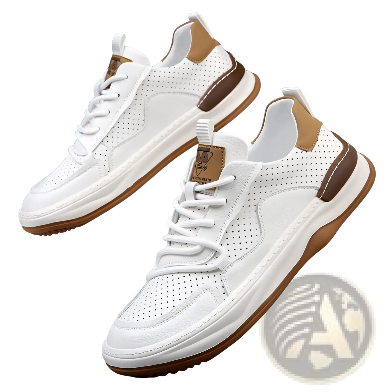 Men’s leather perforated breathable sneakers in white with brown accents and a tan logo patch on the tongue