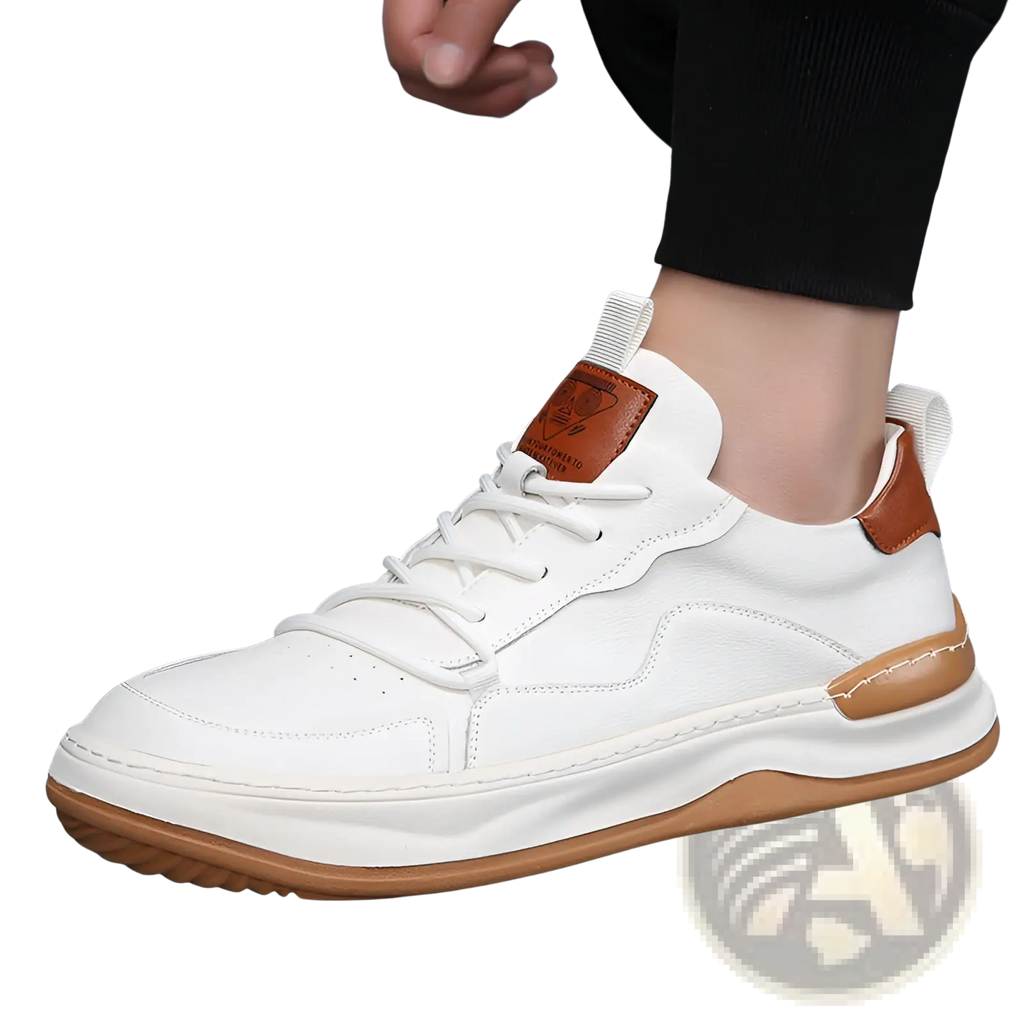 Men’s leather perforated breathable sneaker in white leather with tan accents and a chunky sole, front view
