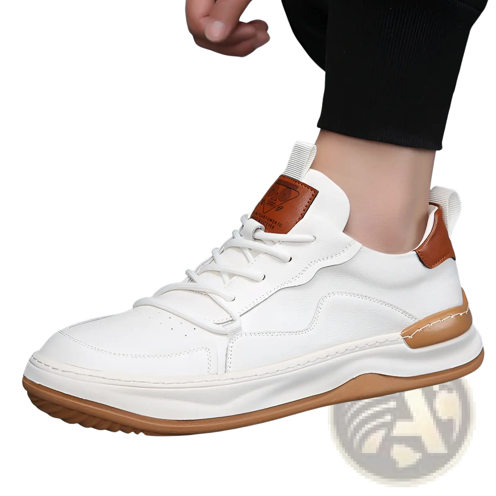 Men’s leather perforated breathable sneaker in white leather with tan accents and a chunky sole, front view