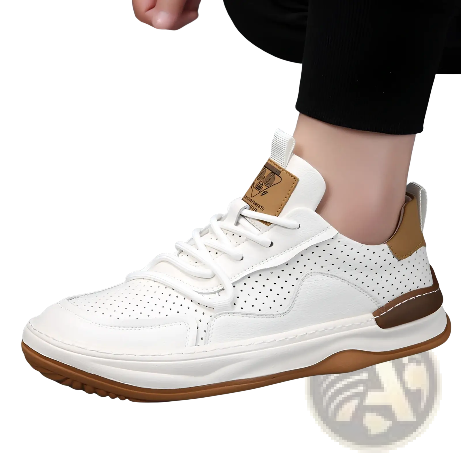 Men’s leather perforated breathable sneaker in white with tan accents and a brown rubber sole visible from the back