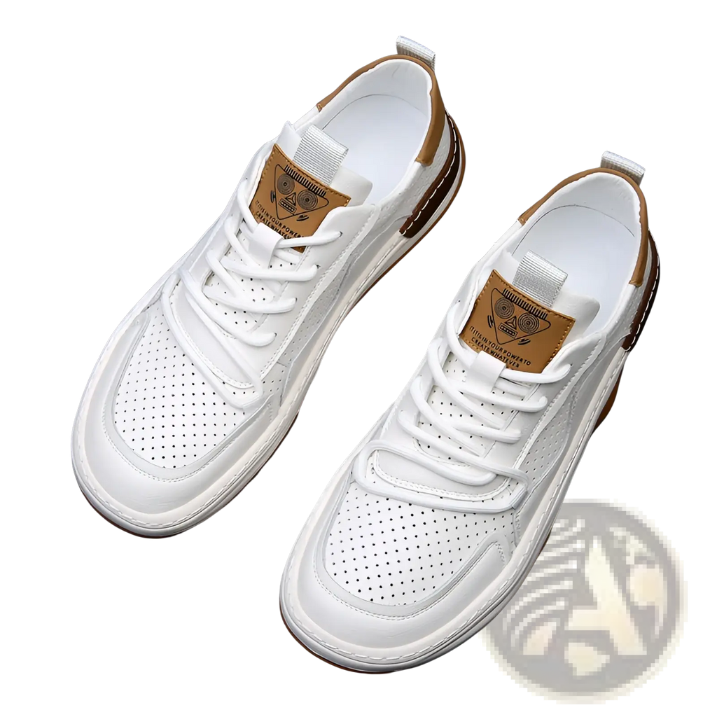 Men’s white leather perforated breathable sneakers with tan accents on heel tab tongue patch and sole edge