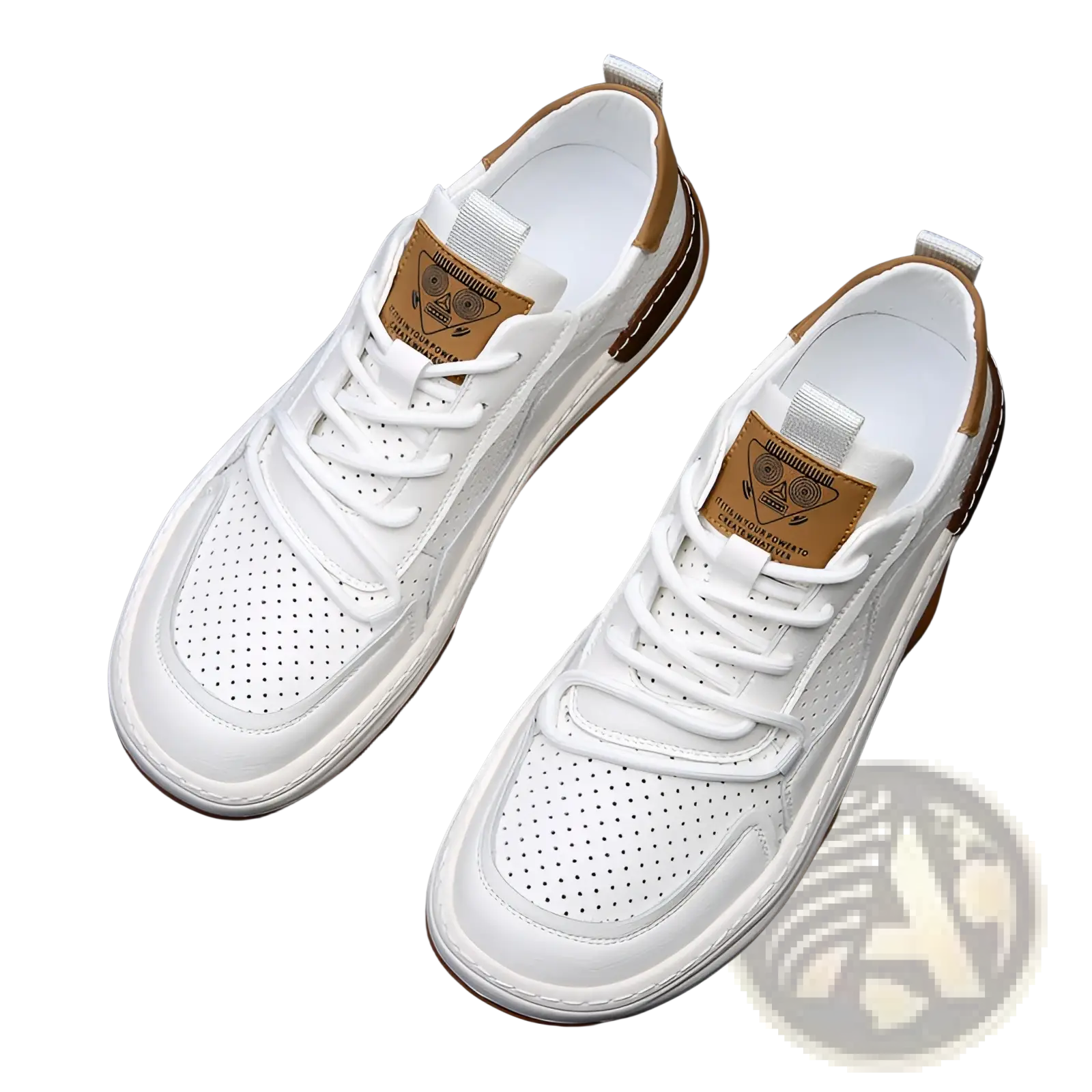 Men’s white leather perforated breathable sneakers with tan accents on heel tab tongue patch and sole edge