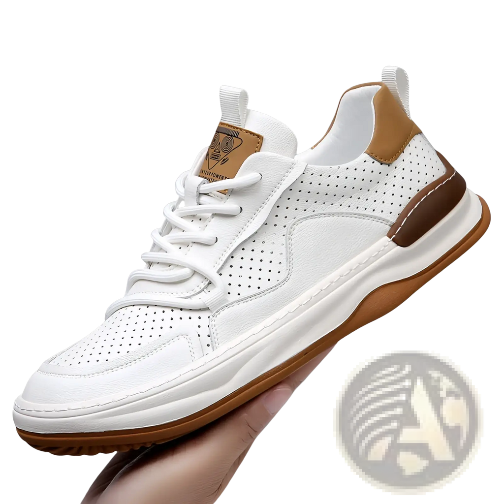 Men’s leather perforated breathable sneaker in white and tan with chunky sole and detailed perforations
