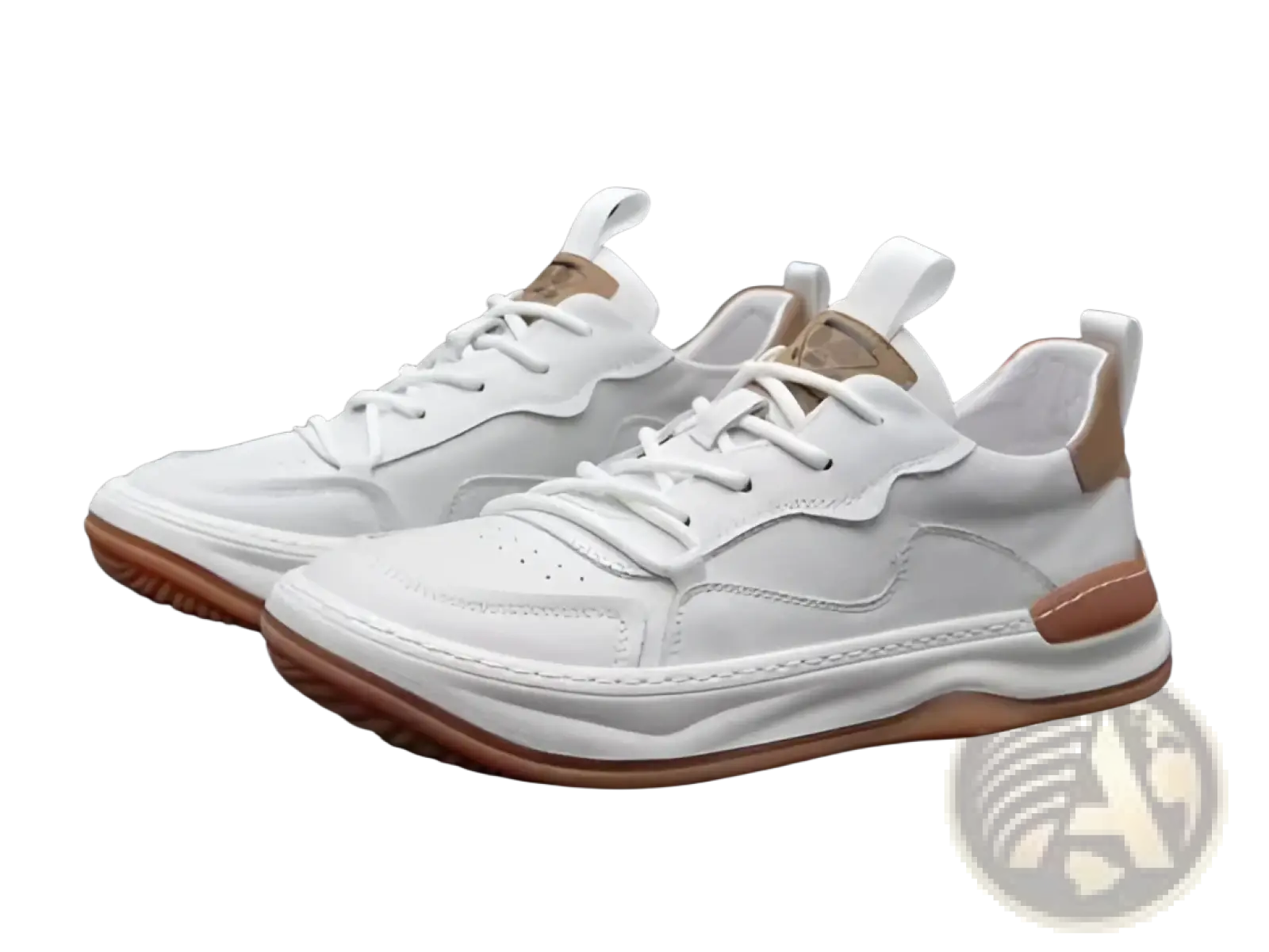 Men’s leather perforated breathable sneakers in white leather with tan accents and a chunky sole for comfort
