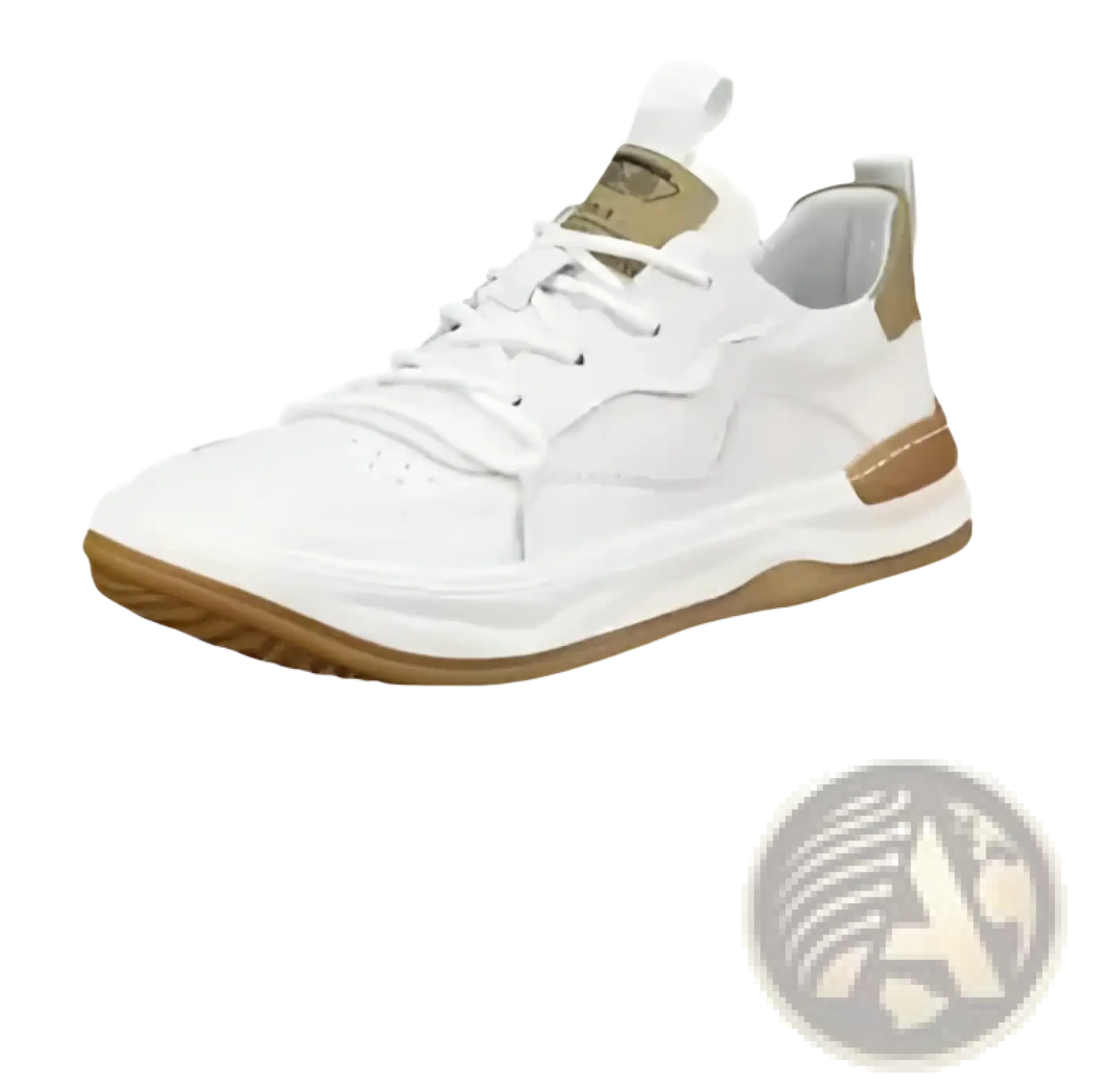 Men’s leather perforated breathable sneakers in white and gold with mesh panels and rubber soles for athletic use